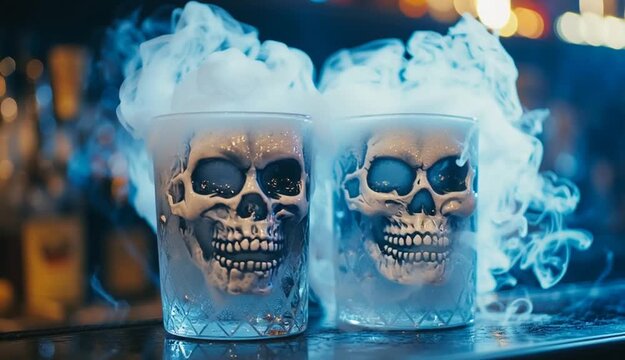 two glasses with skull decorations and dry ice emitting smoke, creating a spooky Halloween atmosphere in a bar