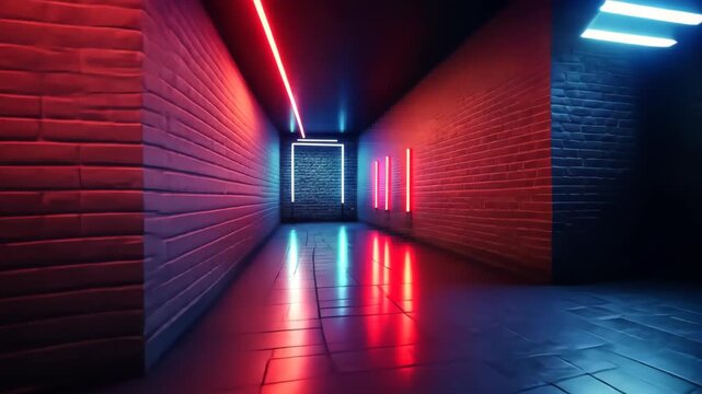 Neon Lit Corridor: A mesmerizing perspective, highlighting a dimly illuminated brick-walled corridor aglow with neon light.