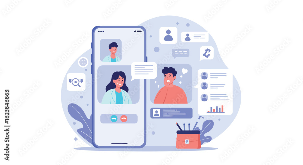 Poster virtual communication concept with video call interface and online interaction elements