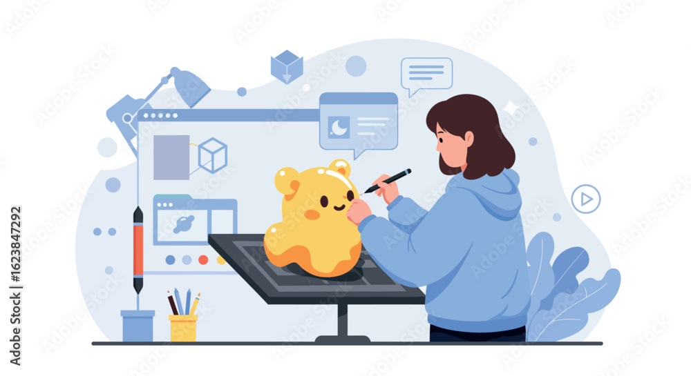 Aufkleber creative character design in modern workspace with digital tools and techniques