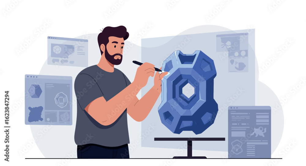 Poster designer creating geometric 3d model on computer screens in modern workspace
