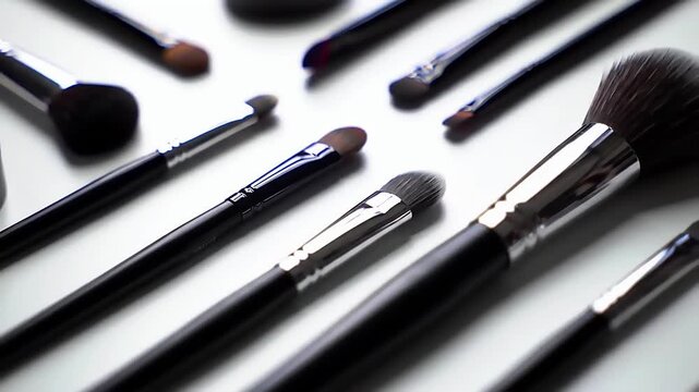 An arranged set of makeup brushes on white