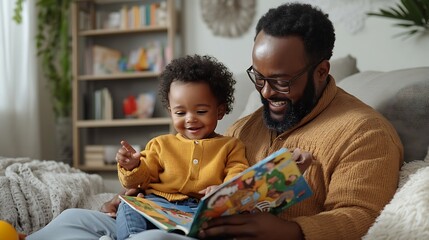 Dad and toddler laugh together while reading children’s book. Joyful parenting moment promoting early literacy. Celebrating Read to Your Child Day in warm home setting