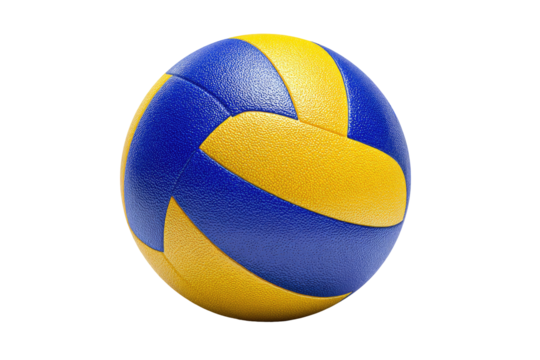 Close-up of a volleyball, vibrant yellow and blue panels