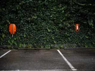 Orange electric vehicle charging stations mounted on green hedge wall above parking space markings