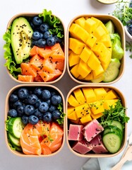 Top-down view of a vibrant lunch box filled with salmon, mango, fresh tuna, cucumber, and blueberries—healthy, colorful, and delicious.