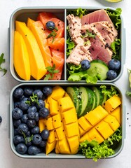 Top-down view of a vibrant lunch box filled with salmon, mango, fresh tuna, cucumber, and blueberries—healthy, colorful, and delicious.