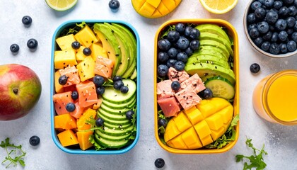 Top-down view of a vibrant lunch box filled with salmon, mango, fresh tuna, cucumber, and blueberries—healthy, colorful, and delicious.