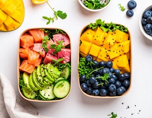 Top-down view of a vibrant lunch box filled with salmon, mango, fresh tuna, cucumber, and blueberries—healthy, colorful, and delicious.