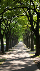 Fototapeta premium Tree-lined walkway creating natural shade in urban park setting 