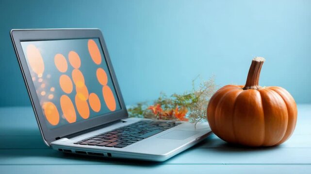 Laptop and pumpkin on a light blue wooden surface. Thanksgiving holiday and autumn concept for seasonal online shopping. All Hallows Eve, Samhain - Spooky Holiday Season, Fall Festival