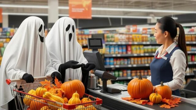 Two ghosts buying Halloween pumpkins with dollar bill from a smiling woman cashier at grocery store. Spooky holiday shopping concept. All Hallows Eve, Samhain - Spooky Holiday Season, Fall Festival