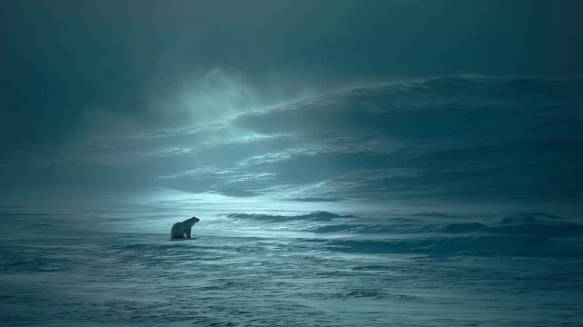 Polar bear in a vast frozen Arctic landscape, backlit by pale icy blue light