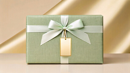 Elegant green gift box with satin ribbon and gold tag on beige background