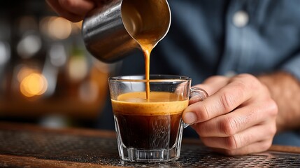 Pouring Espresso into Glass Cup Coffee Preparation Closeup.
