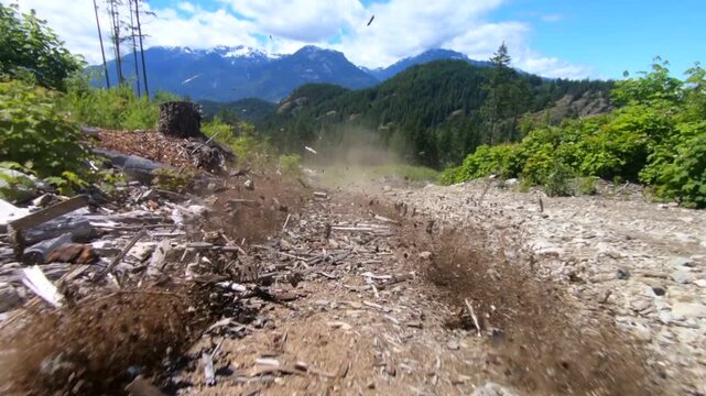 View from the rear of an ATV climbing a hill and throwing roost