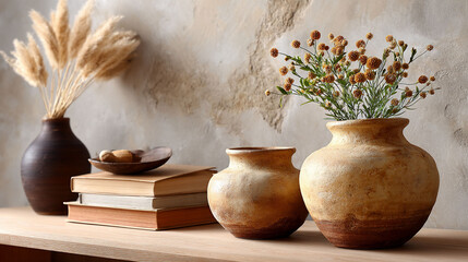 Rustic Still Life Vases Books and Dried Flowers on Wooden Table.