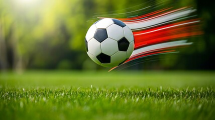 Obraz premium Fast soccer ball flying on green field with motion trails