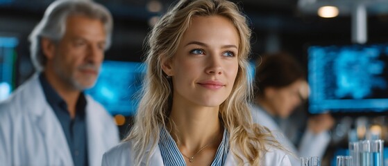 Scientist Woman in Lab Coat Looking Up Smiling.