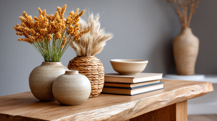 Rustic Still Life Vases Books and Dried Flowers on Wood Table.