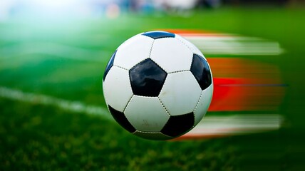 Classic soccer ball in motion on green football field
