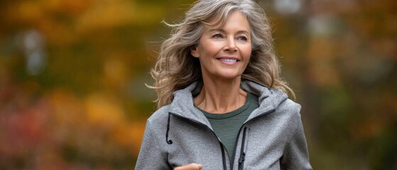 Smiling Mature Woman in Activewear Outdoors Autumnal Background.