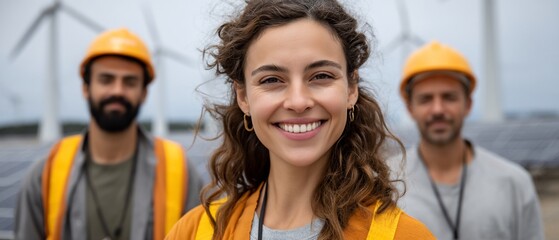 Smiling Engineer with Colleagues at Wind Turbine Farm.