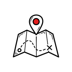 Simple Hand Drawn Map with Red Location Pin and Travel Route