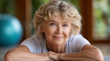 Smiling Senior Woman Portrait with Curly Blonde Hair.