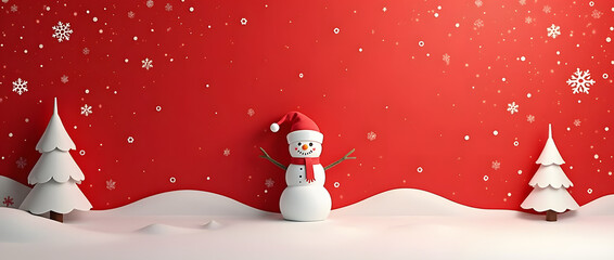 Bannière festive rouge et blanc - bonhomme de neige 3D centré avec espace texte libre