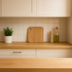 Wooden counter showcases minimalist kitchen setup with soft lighting. Ideal for product staging, cosmetic showcase, and blank presentation template.