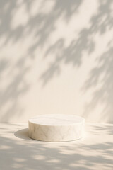 White marble podium stands with light, shadow patterns. Minimal backdrop for product photography, cosmetic showcase, branding.
