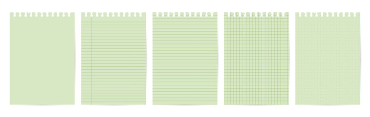 Soft green pages with olive green lines and top punch holes. Includes grid, dot, lined, margin, and plain formats. Ideal for eco-themed planners or clean note templates.