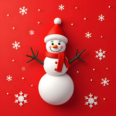 Bonhomme de neige 3D avec bonnet de Noël isolé sur fond rouge et flocons blancs - format carré