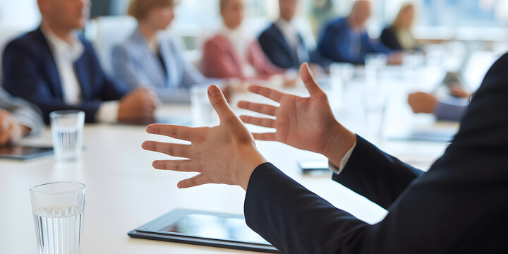 Business professional animatedly gesturing during a meeting, colleagues in background, focus on hands and discussion.