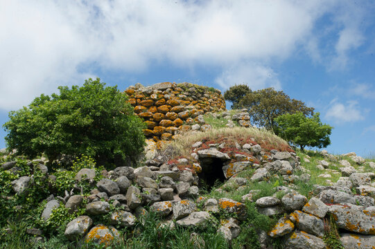 Nuraghe and Menhir stones from the bronze age at Archeological site of Tamuli, Sardinia island, Italy, betili nuragici ("Pedras marmuradas") di Tamuli (Macomer), 