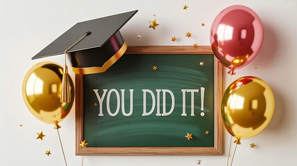 Graduation cap, balloons, and congratulatory message on chalkboard