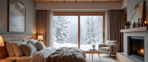 Mountain getaway - Cozy hotel room overlooking snowy Pyrenees landscapes