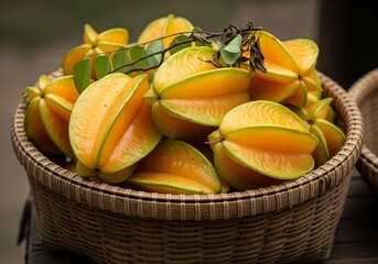 fresh harvested starfruit in a bamboo basket