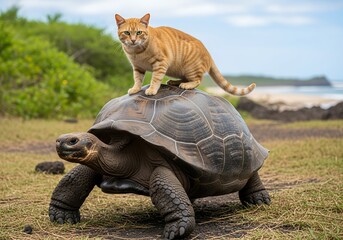 orange cat riding on galapagos tortoise shell