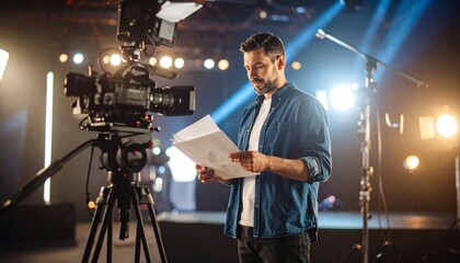 Director reviewing script on a brightly lit soundstage beside a professional cinema camera