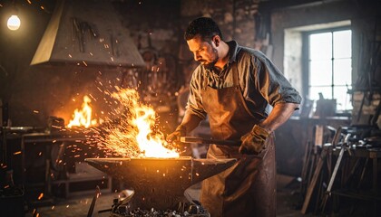 Craftsman shaping glowing metal amid flying sparks inside a rustic forge workshop