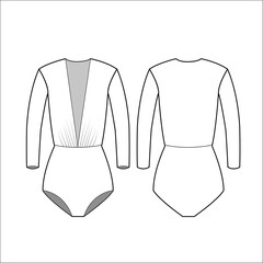 One-piece V-neck bodysuit fashion flat technical drawing template. swimsuit technical fashion Illustration, front, and back view, white, CAD mockup.