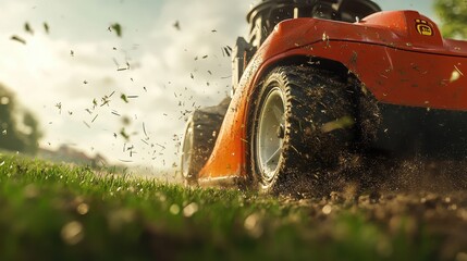 A dynamic shot of a mower in action with grass clippings flying in a cozy setting