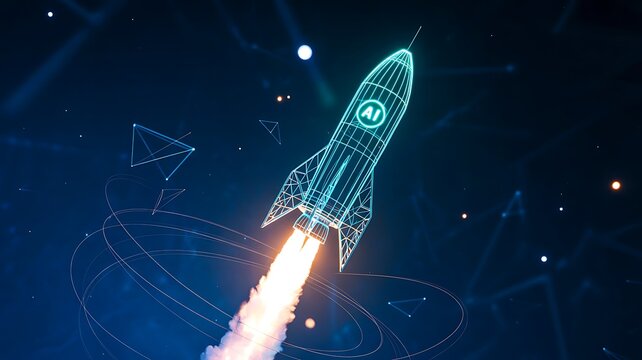 Digital ai rocket launch glowing in futuristic space