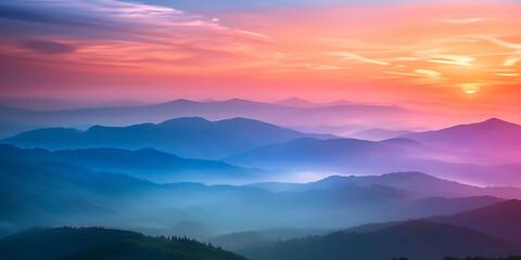Obraz premium Sunset over mountain ranges with misty valleys and vibrant sky 