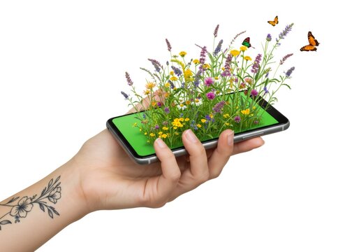 Hand Holding a Phone from which plants, flowers, and butterflies are growing out
