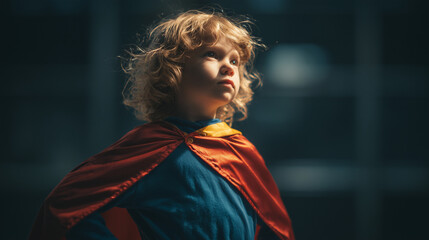 Fototapeta premium Young Child in Superhero Cape Standing Outdoors at Sunset