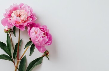 Two pink peonies with buds and green leaves arranged on a light gray background, leaving ample negative space