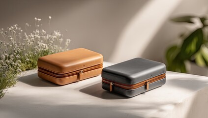 Two rectangular leather travel cases, tan and gray, rest on a white surface, illuminated by sunlight.  Flowers and greenery in the background